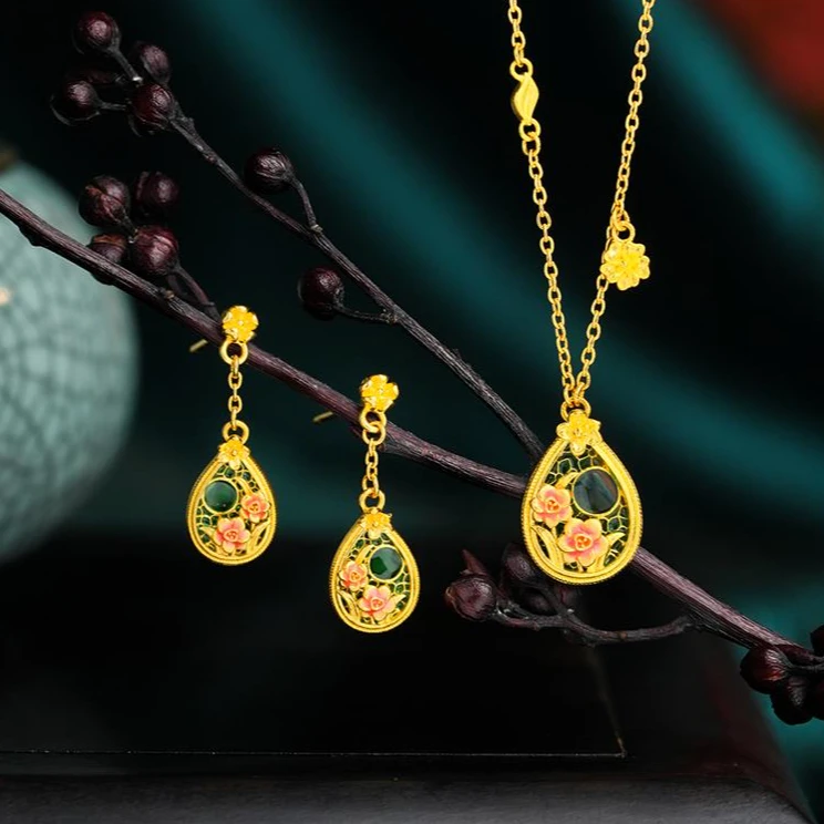 ZOCAI/佐卡伊【传世之美】古法黄金项链空窗珐琅空谷幽兰足金套链