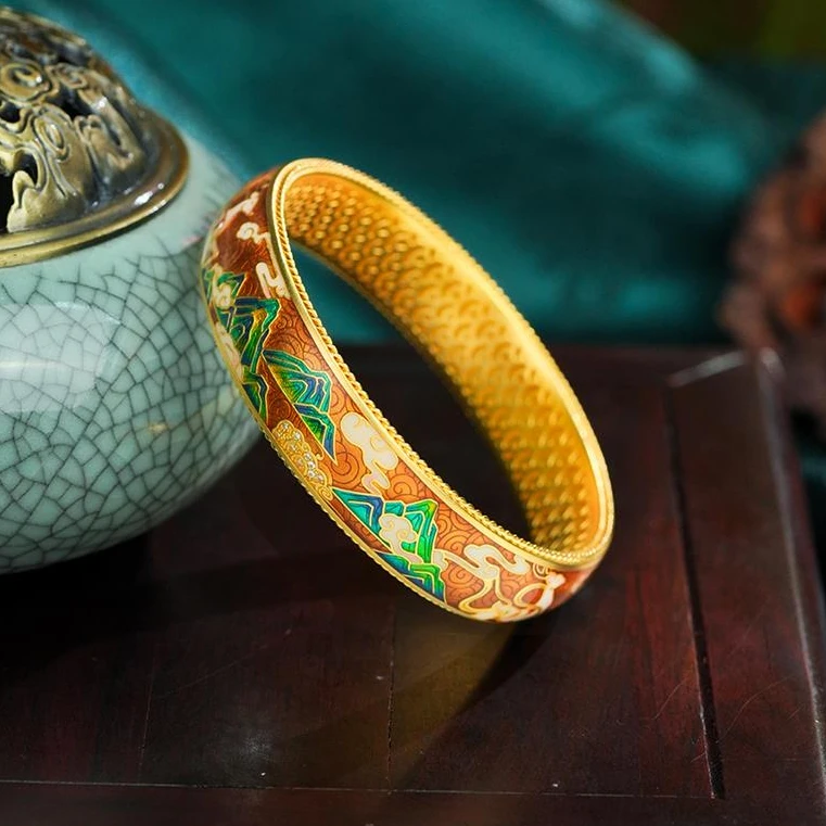 ZOCAI/佐卡伊【传世之美】古法黄金敦煌飞天镶钻新款九色鹿手镯