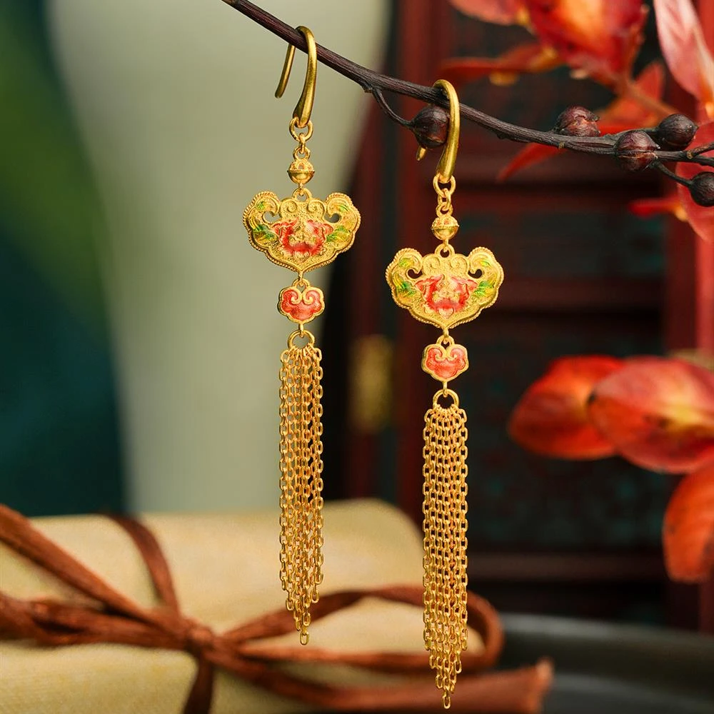 ZOCAI/佐卡伊【传世之美】古法黄金錾刻珐琅红牡丹如意流苏耳饰