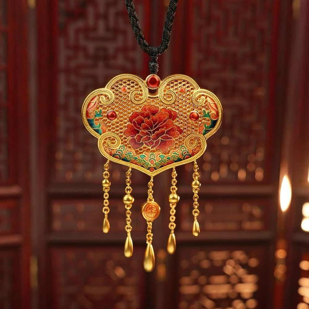 ZOCAI/佐卡伊古法黄金花丝珐琅花开富贵如意锁足金吊坠 C02839