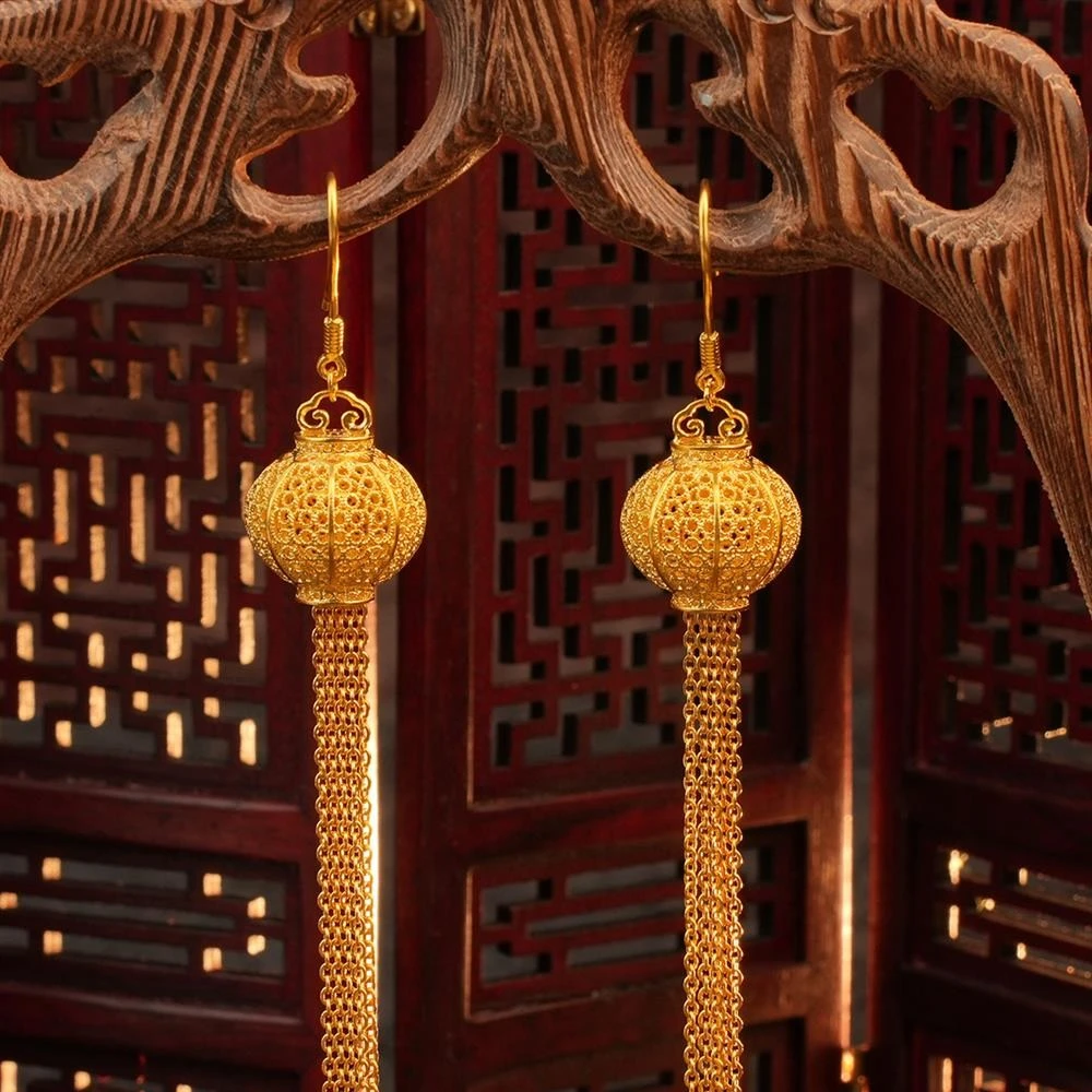 ZOCAI/佐卡伊【传世之美】古法黄金花丝宫灯流苏足金999耳环耳饰