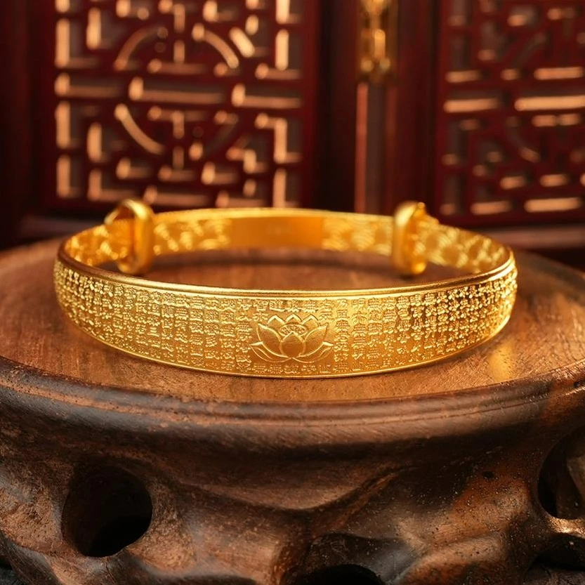 ZOCAI/佐卡伊【传世之美】古法黄金錾刻足金999莲台心经推拉手镯