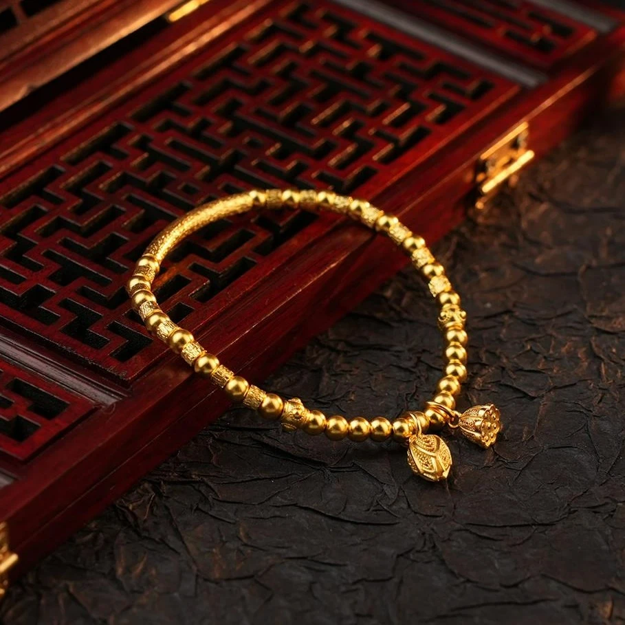 ZOCAI/佐卡伊【传世之美】古法黄金圆珠手链金珠弯管两世欢莲蓬手串