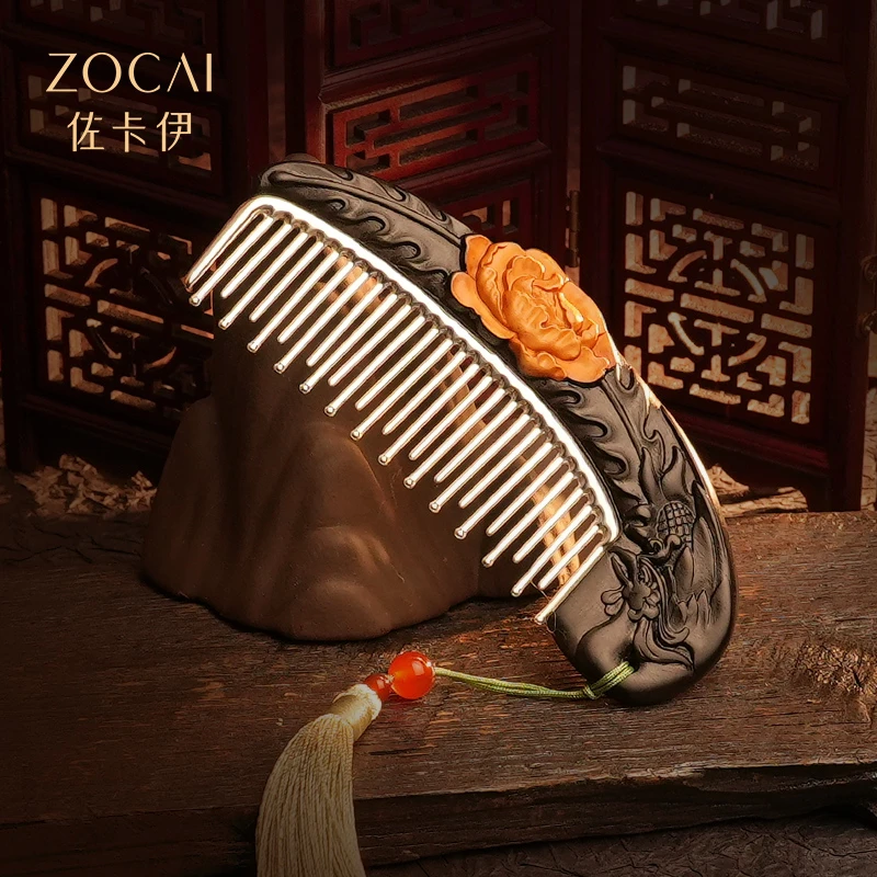 ZOCAI/佐卡伊 足银木质银制品 古典国风紫檀木凤穿牡丹银梳子