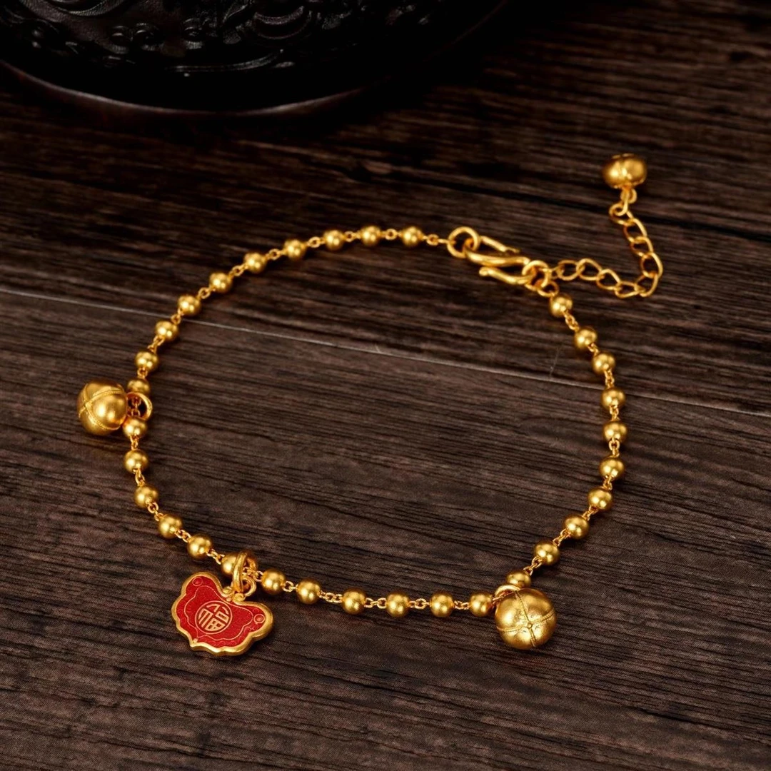 ZOCAI/佐卡伊【传世之美】古法黄金珐琅彩柿柿如意足金手链