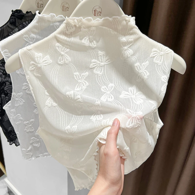花边领蕾丝假领子百搭女高档木耳边无袖背心修身网纱高领打底衫秋