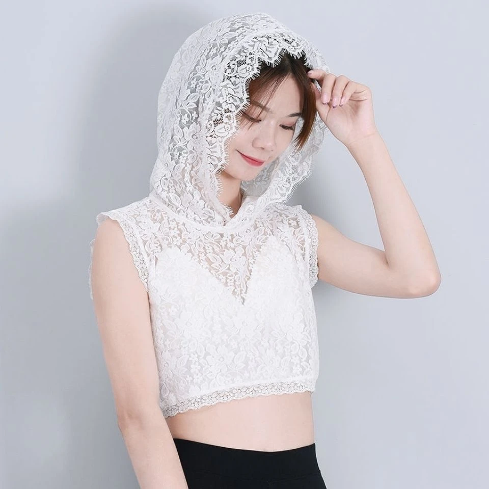 夏季防晒蕾丝假领子女百搭花边连帽背心假卫衣帽子白色网纱上衣