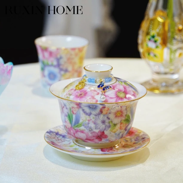 如馨家居 秘密花园骨瓷盖碗·三才