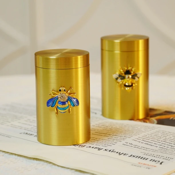 黄铜蜜蜂镶嵌小罐茶 带盖密封小茶叶罐 储物罐