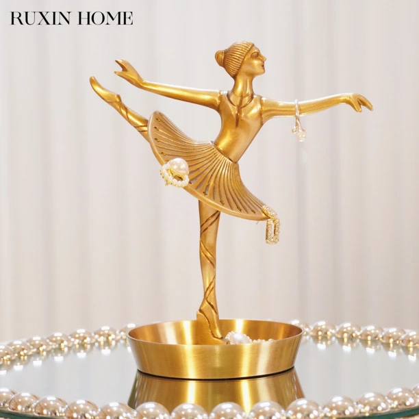 如馨家居 北欧美式风格进口手工黄铜首饰展示架芭蕾舞女孩摆件