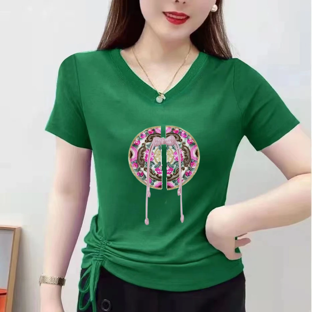 中国风时尚2025新中式短袖t恤女夏季显瘦百搭甜美修身广场舞上衣