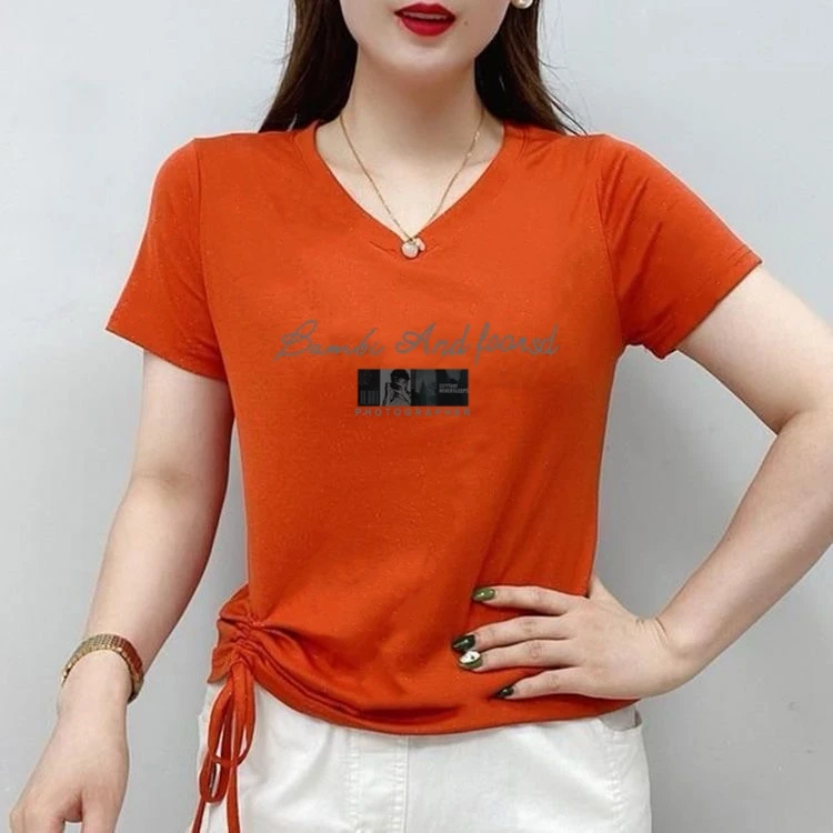 2025春夏季新款短袖女t恤v领女装修身绑带百搭鸡心领体恤正肩上衣