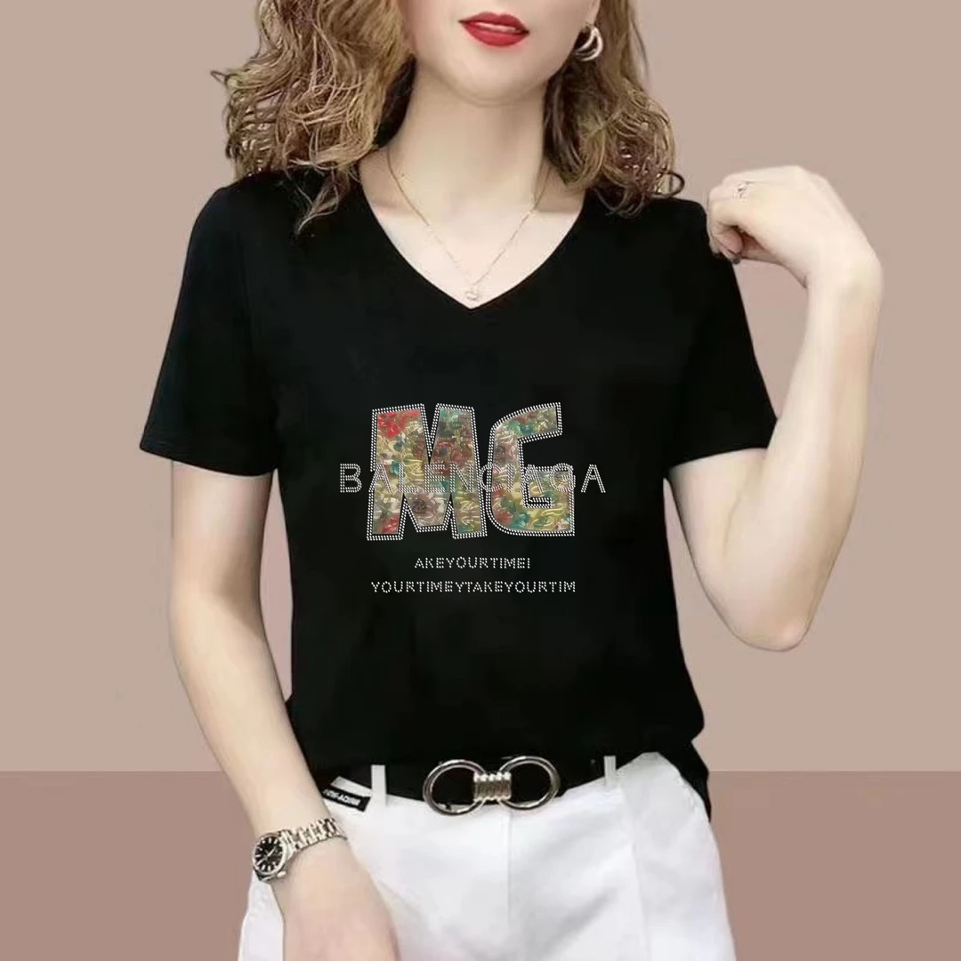 夏季新款爆款显瘦正肩短袖t恤女v领2025洋气百搭打底衫体恤上衣服