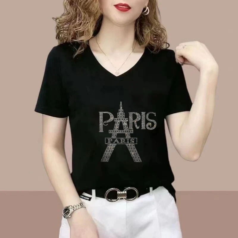 春夏季新款短袖t恤女v领洋气百搭休闲显瘦印花出行时尚打底衫体恤