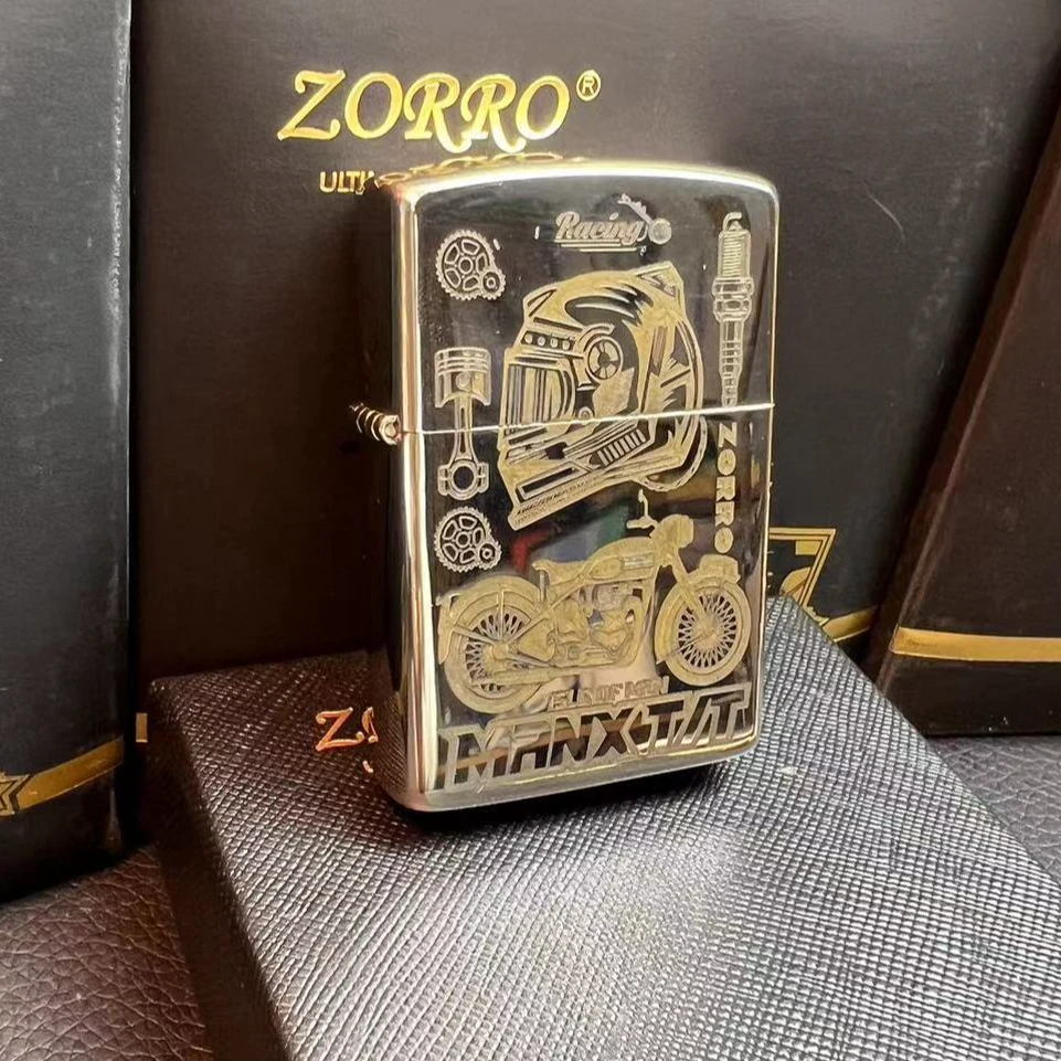 ZORRO/佐罗煤油火机常规白镍双色精雕摩托机车双面哈雷打火机创意