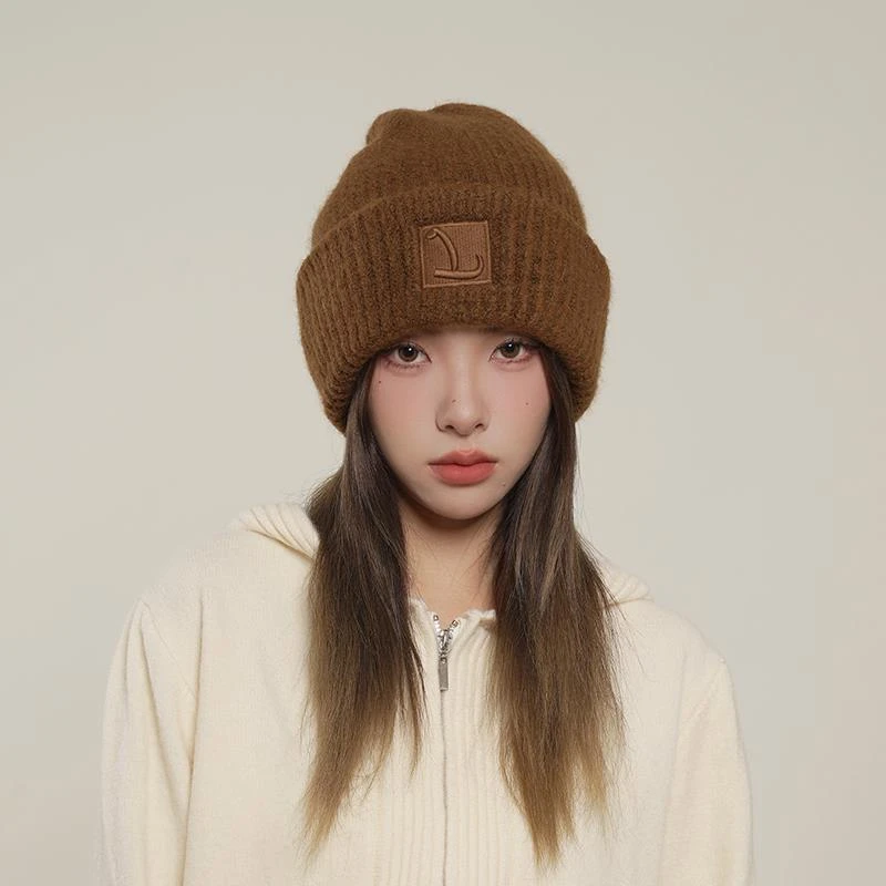 粗毛线帽子女秋冬天宽松大版堆堆冷帽大头围显脸小甜美针织护耳帽