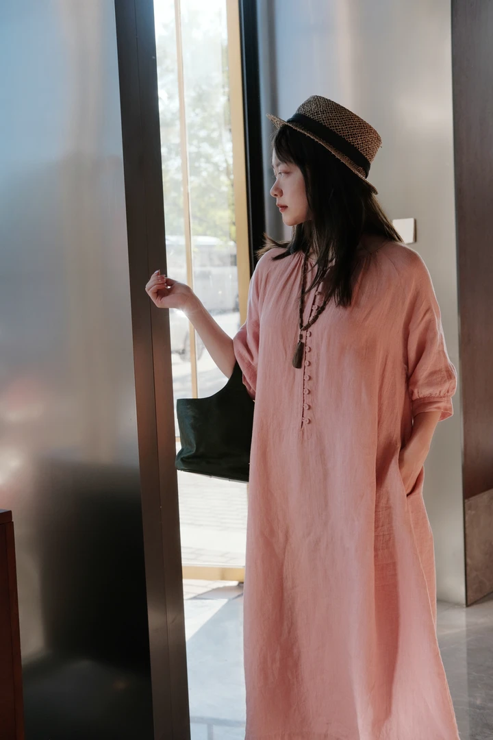 自留款 皮粉 肌理泡泡汉亚麻连衣裙2325