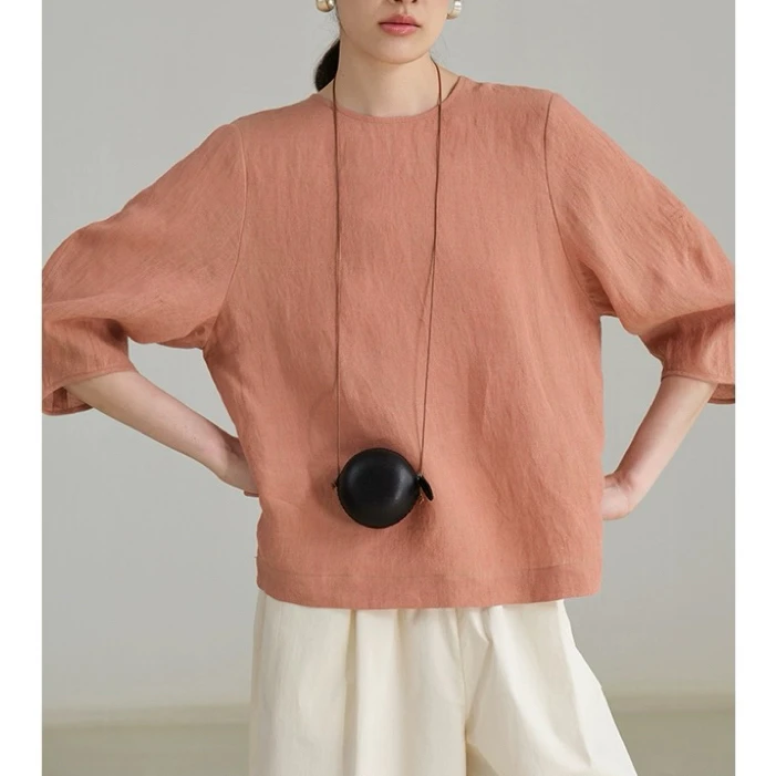 五一福利夏季新款汉麻优雅休闲五分袖小衫女夏纯色上衣24116