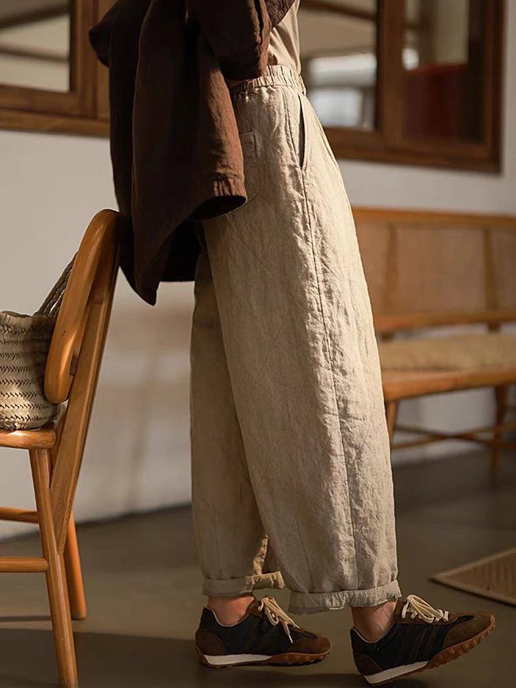 【加棉】普洱茶色织雨露麻文艺绗线新雪丽保温棉显瘦棉裤