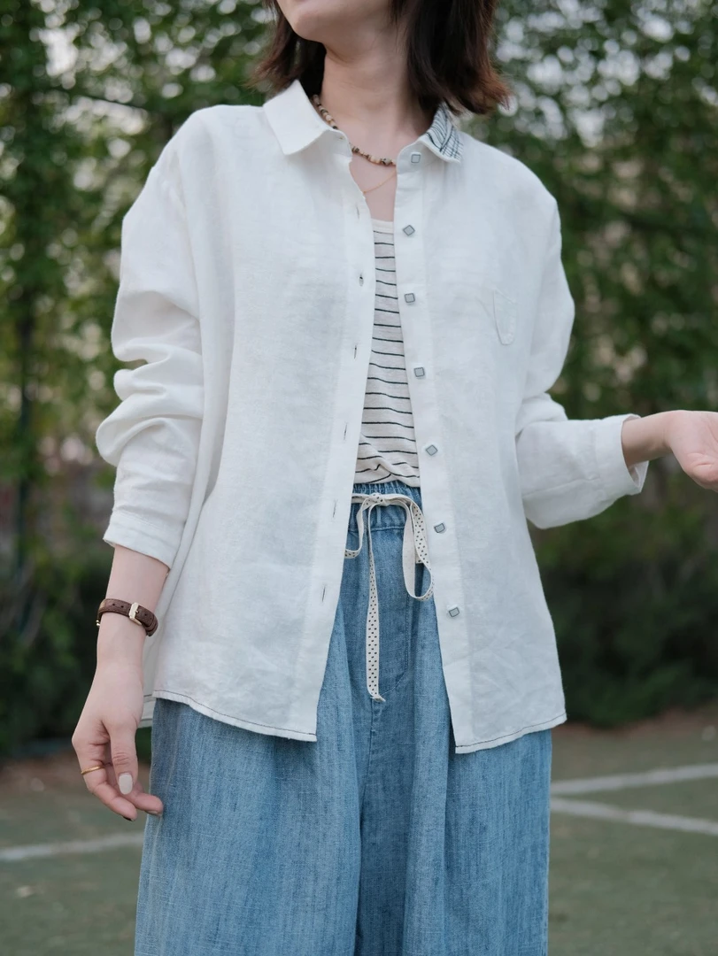 夏款梨白细腻汉麻轻盈百搭白衬衣宽松显瘦衬衫24023