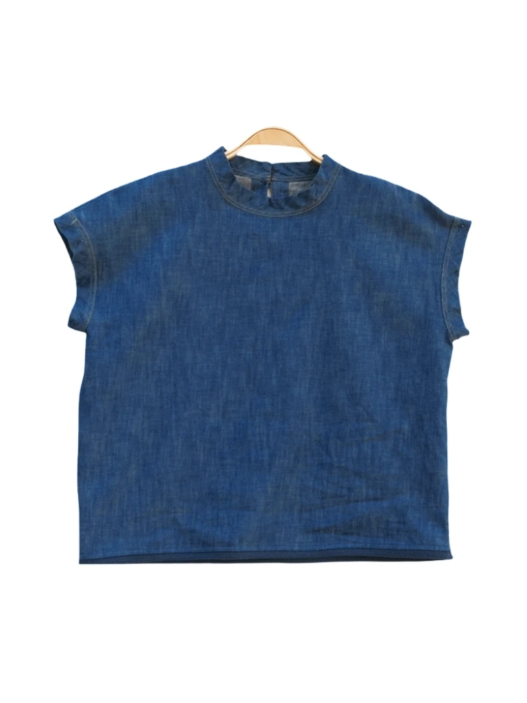 夏季女士新款蓝染有机棉短袖休闲刺绣套头背心牛仔休闲上衣24156