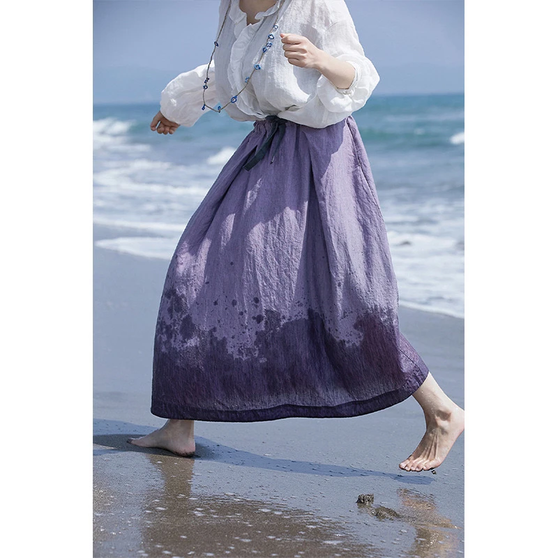 文艺复古夏季新款浅紫色汉麻松紧腰显瘦半身裙长裙23418