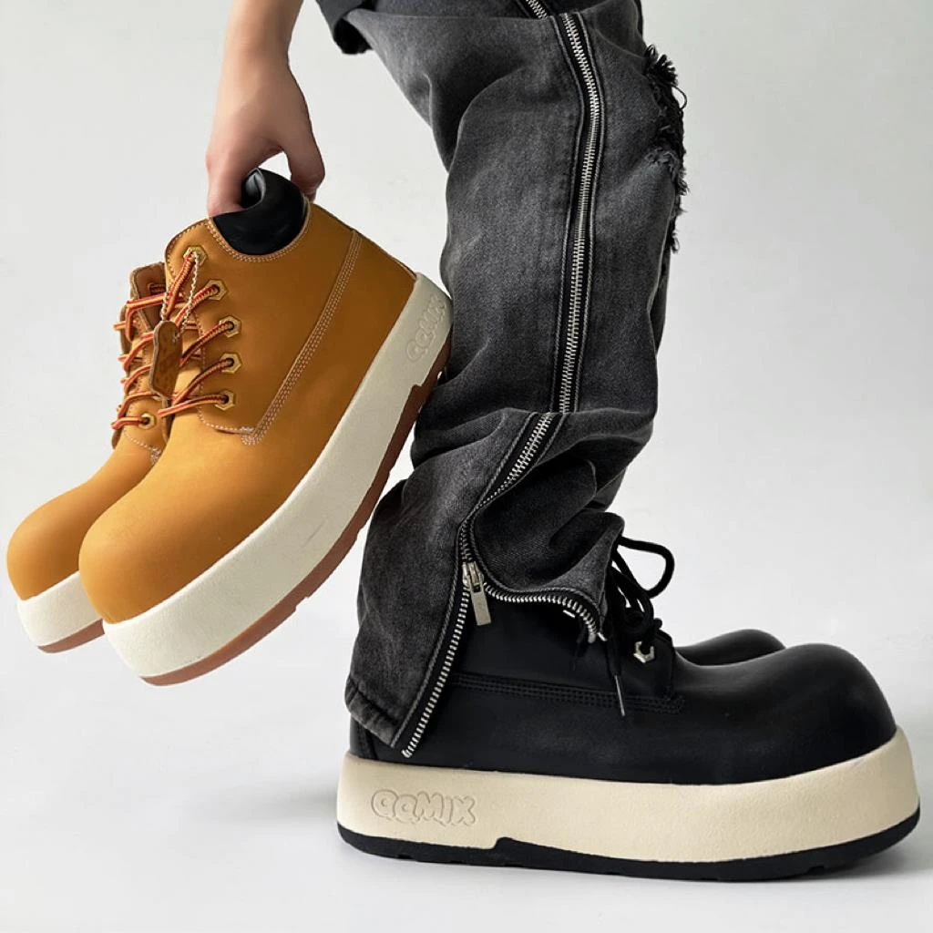 Q版丑萌大头大黄靴女美式高帮鞋户外登山短靴工装面包马丁靴男潮