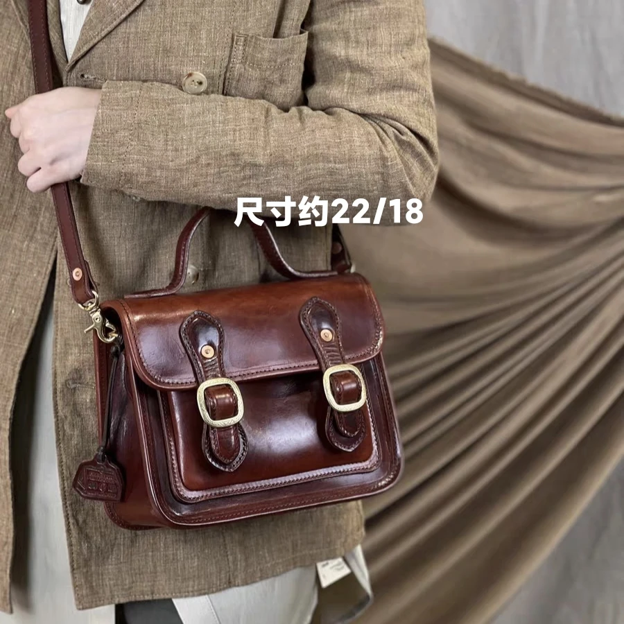 女士复古手工学院风剑桥包手提单肩斜挎包牛皮时尚百搭