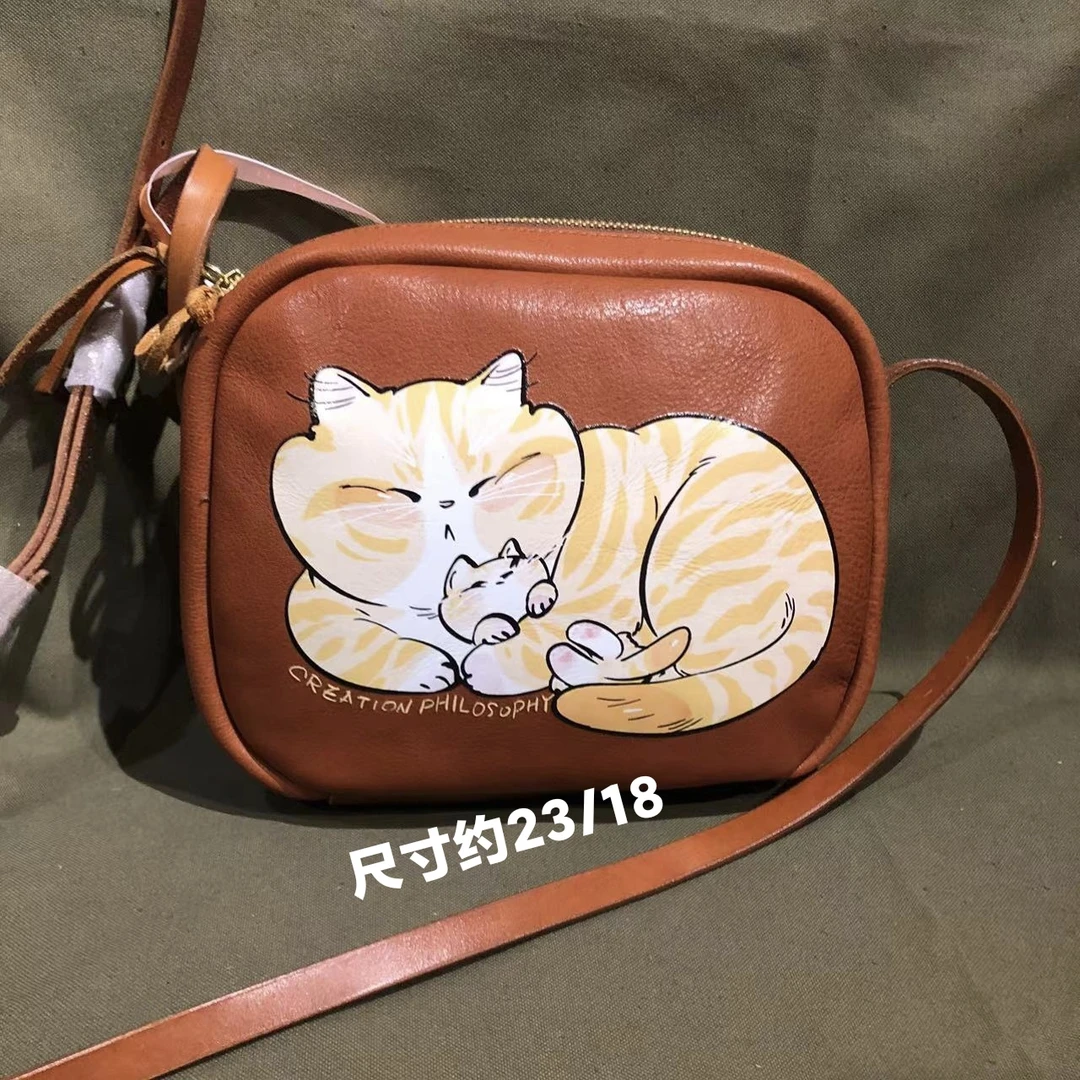 制道手工女士单肩斜挎包复古时尚休闲福利牛皮头层植鞣肥喵包可爱