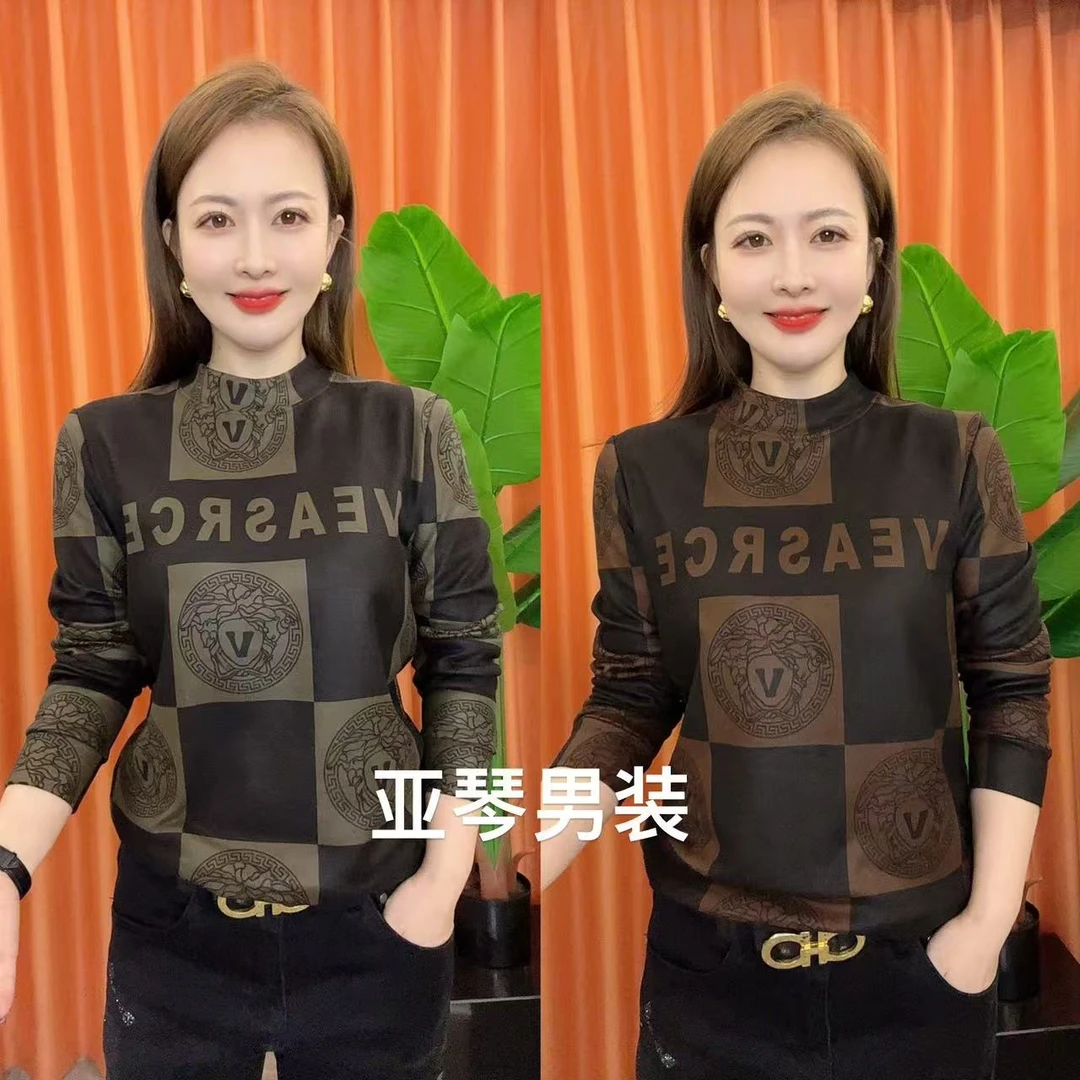 亚琴男装】2024时尚潮流男士冬季日常百搭个性格子长袖圆领T恤