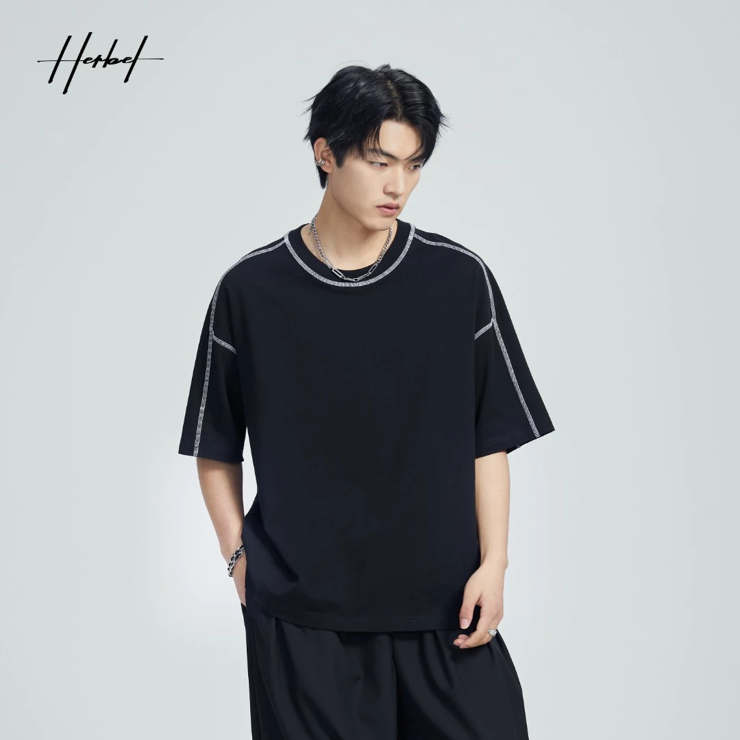 HERBEL/黑白2024夏季宽松圆领短袖T恤休闲时尚百搭套头纯色纯棉潮