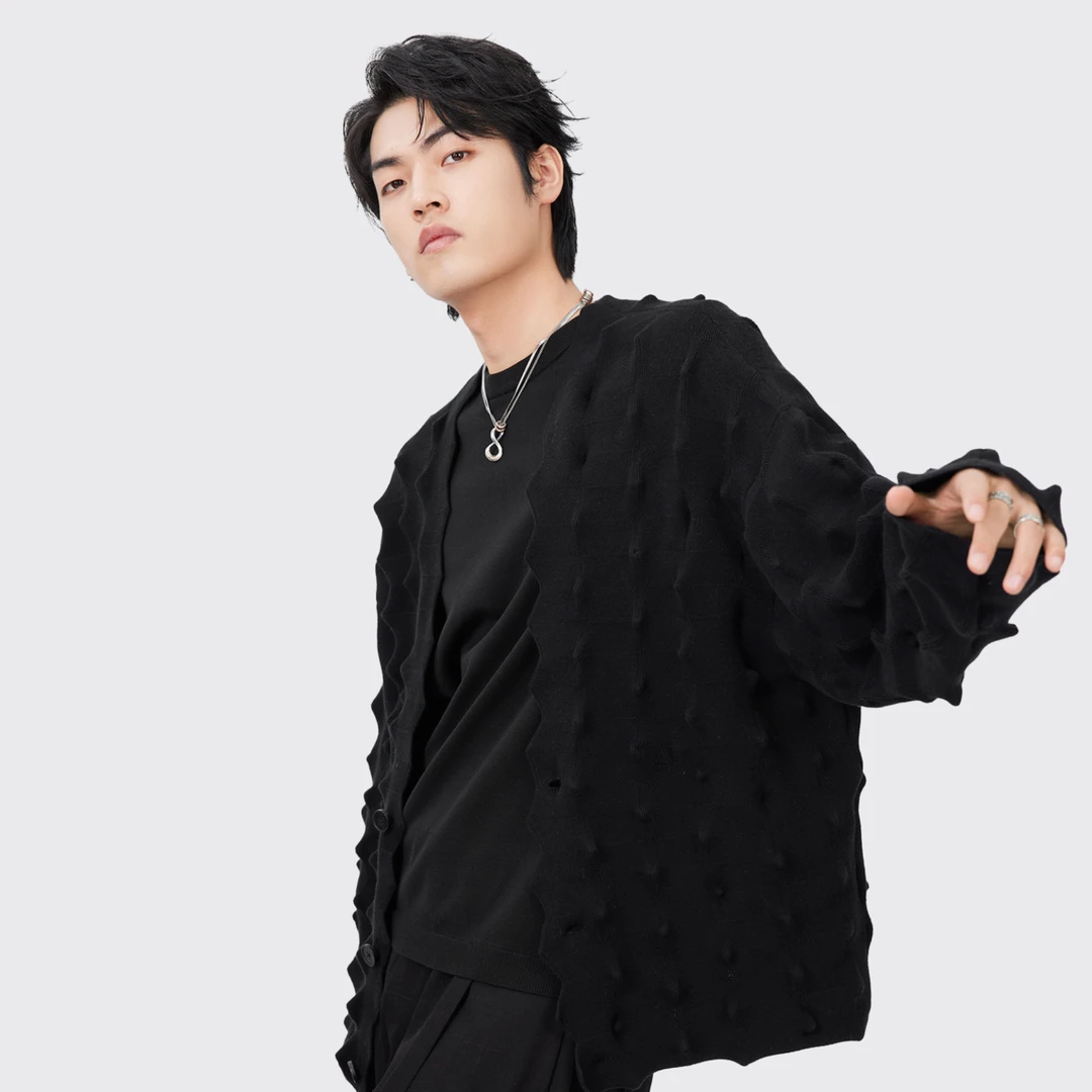 HERBEL/黑白2024秋季休闲阔版毛织开衫黑色男士V领外套长袖时尚