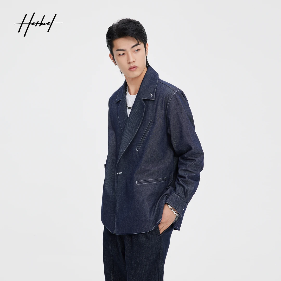 HERBEL/黑白2025春季新款休闲时尚西装外套纯棉牛仔斜纹男西服