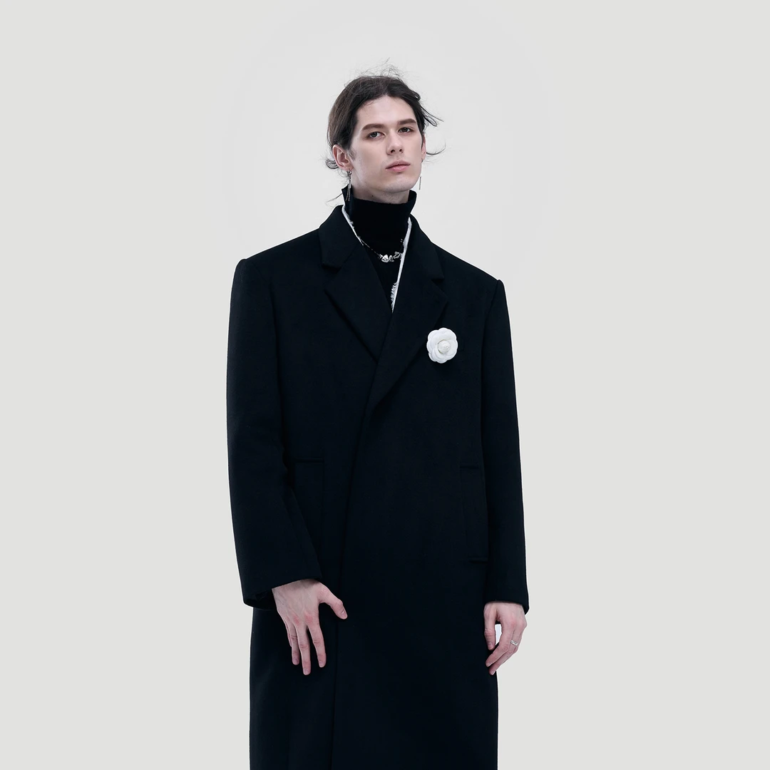 HERBEL/黑白秋冬绵羊毛小香风呢大衣 黑色经典翻领长款大衣潮