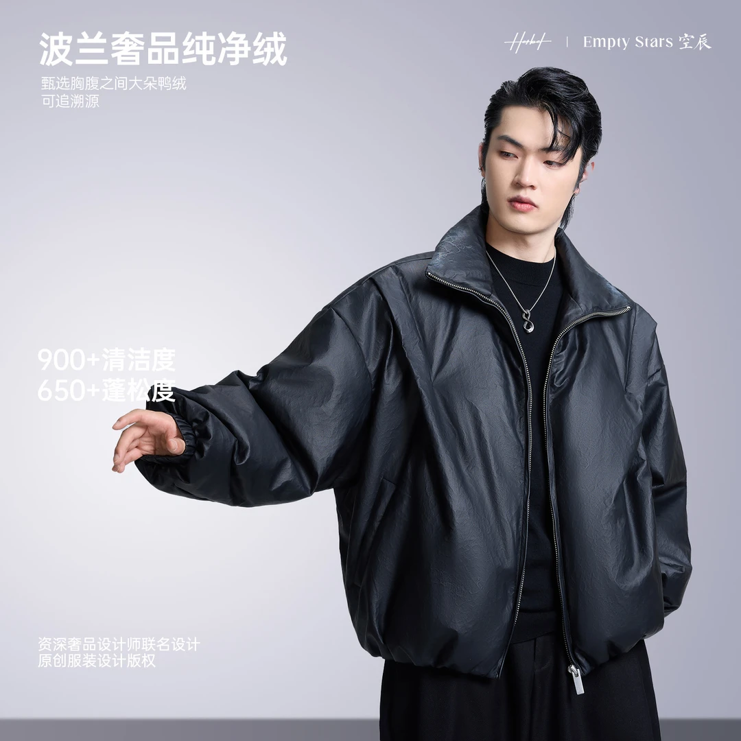 HERBEL/黑白2024冬季时尚立领羽绒服黑色亮面羽绒服潮流短款蓬松