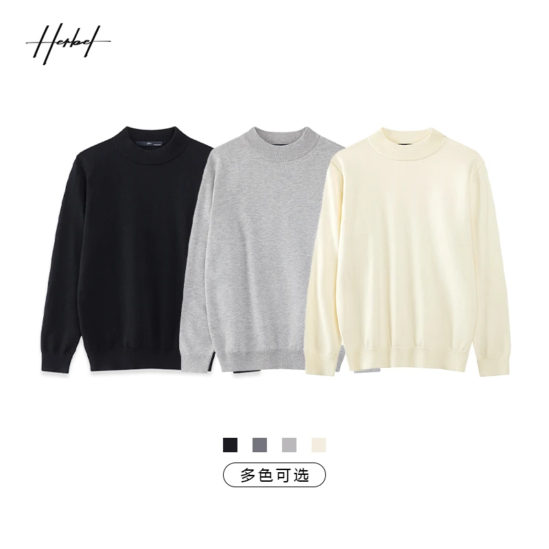 HERBEL/黑白冬季圆领羊毛毛衣混纺休闲男士针织衫多色简约