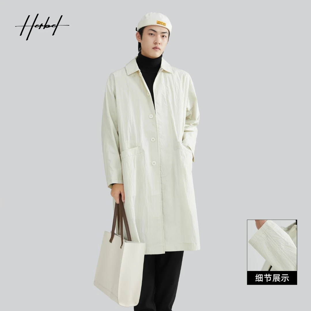 HERBEL/黑白2024秋季设计师款宽松长款男士时尚风衣外套中长款潮