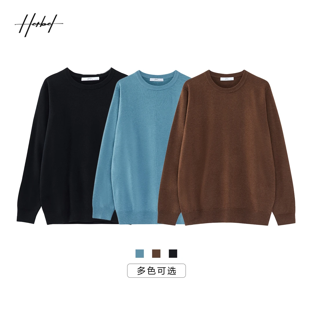 HERBEL/黑白2025冬季新款基础款打底针织衫圆领多色毛衣简约百搭