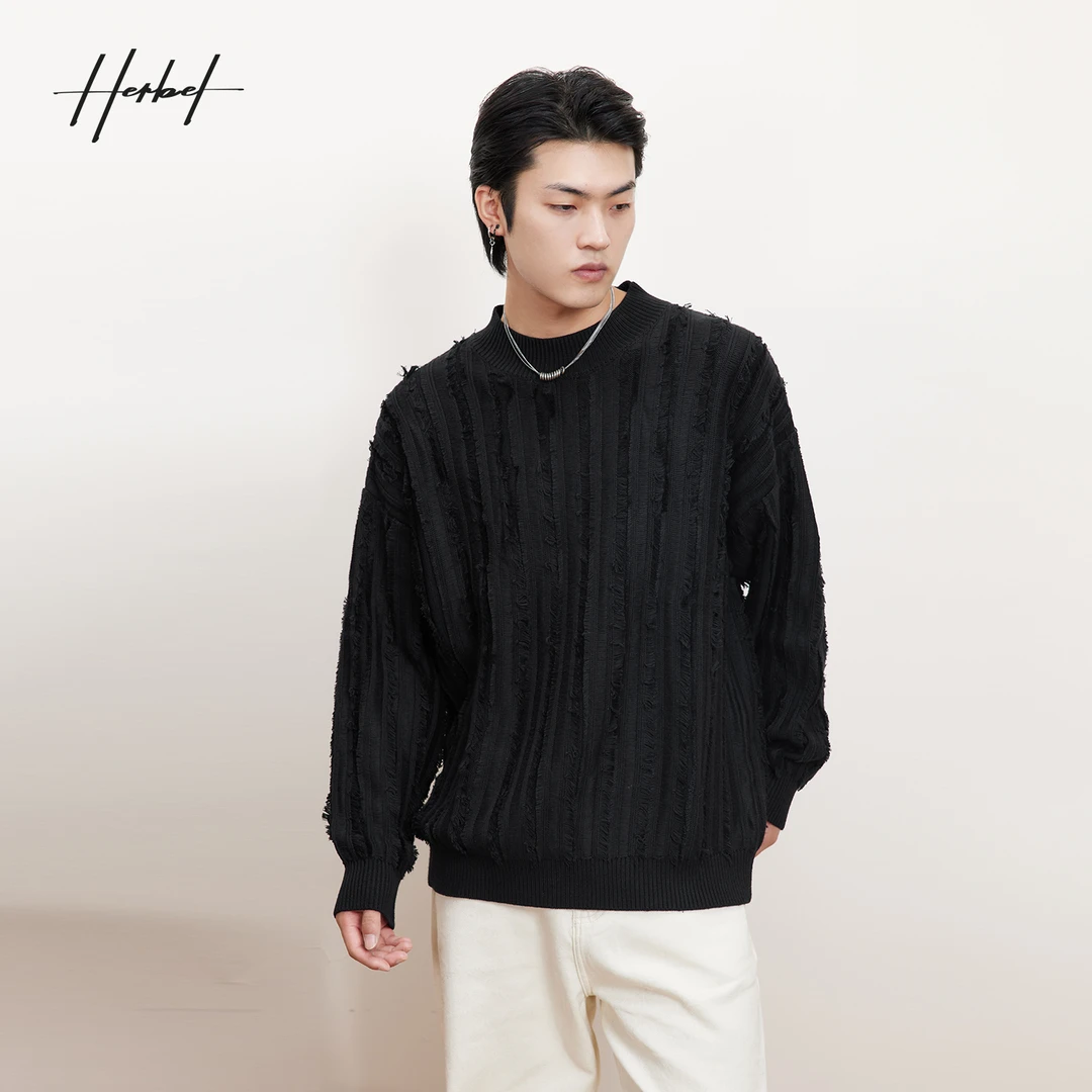 HERBEL/黑白男装【专享款】23秋冬提花圆领黑色针织衫毛衣百搭打底