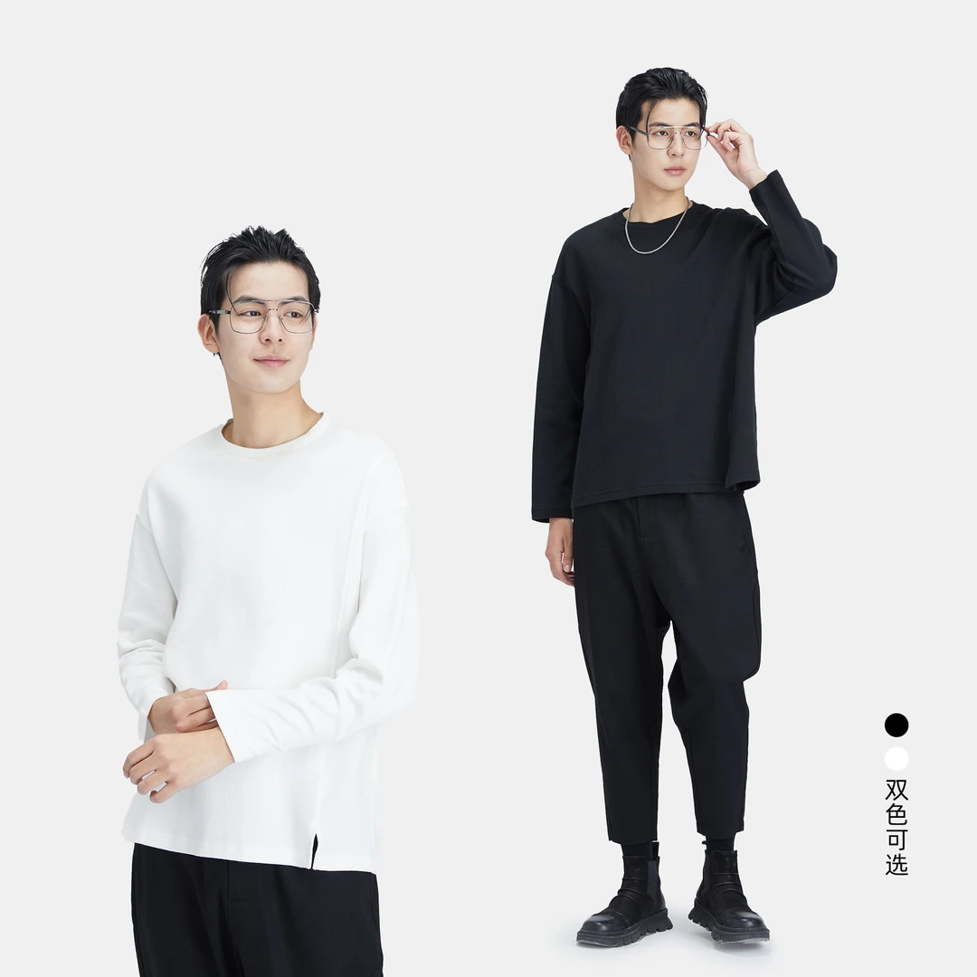 HERBEL/黑白2024秋季纯棉长袖T恤休闲百搭圆领宽松简约侧开叉内搭