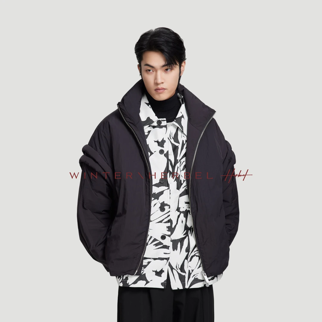 HERBEL/黑白冬季时尚立领羽绒服 黑色潮流短款羽绒服保暖休闲