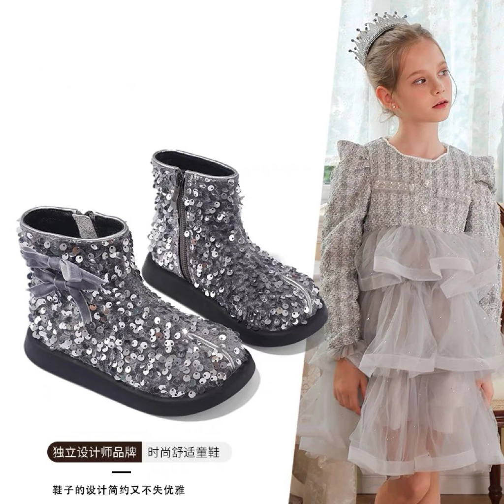 Canyze 女童靴子2024秋冬季新款闪亮马丁靴表演出宝宝皮靴