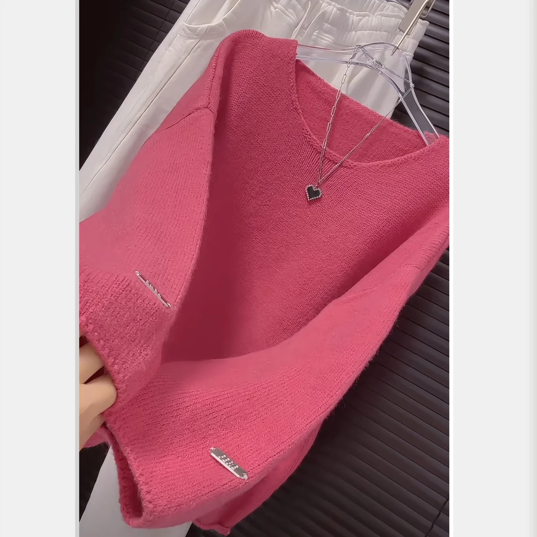 秋冬气质遮肚毛衣圆领慵懒长袖针织衫2024新款宽松遮肉打底上衣女