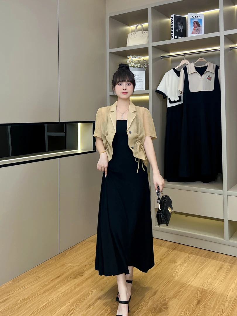 现货新品【清冷禅意感】抽绳短袖衬衫+大码显瘦遮肉吊带连衣裙