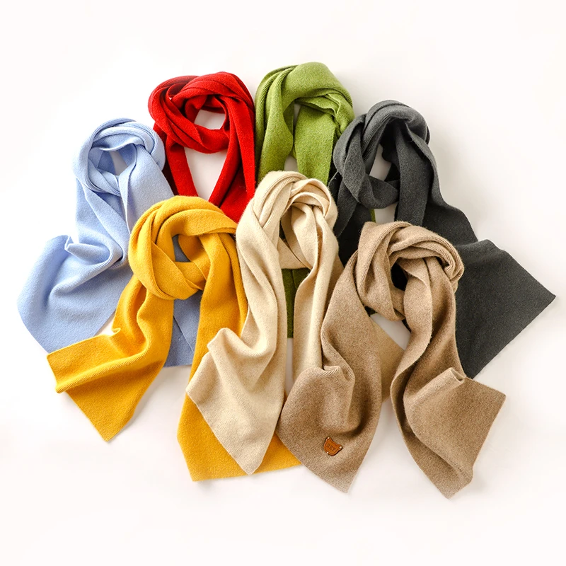 100%羊绒围巾男女童纯色熊头皮贴针织围脖加厚百搭儿童保暖围巾