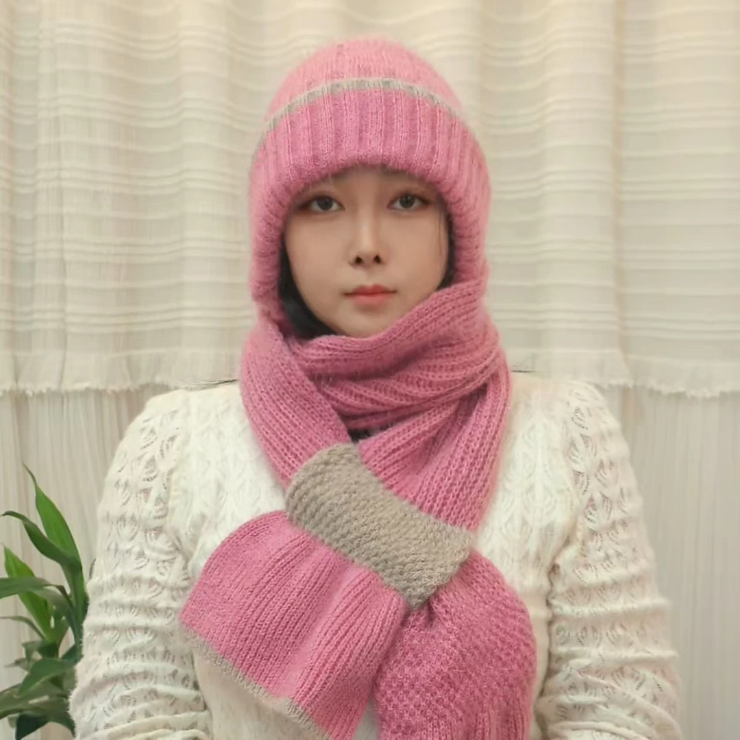 【升级版拼色风雪帽】加绒加厚针织帽护耳帽骑行洋气冬季新款围巾帽