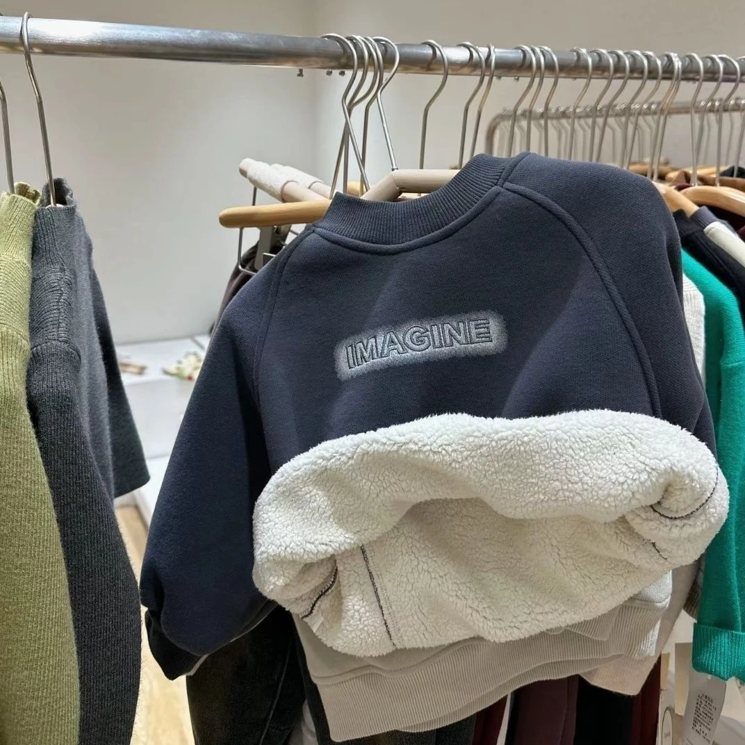 【冬季大促】冬款韩版儿童圆领插肩袖加绒卫衣帅气男孩一体绒上衣