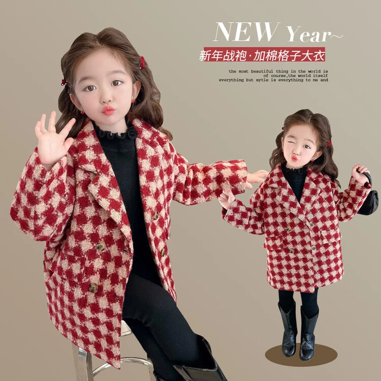 【冬季大促】格子呢大衣2024新款过年中国风喜庆新年冬装女童拜年服