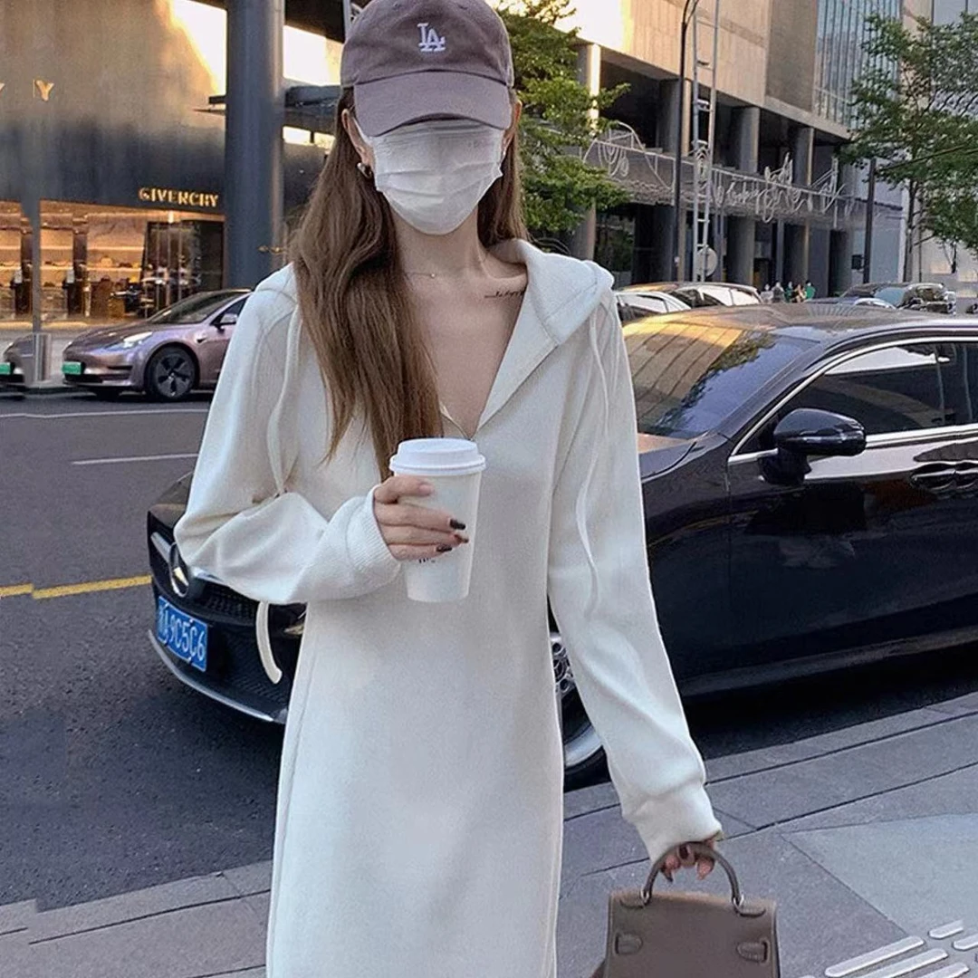 糯糯～法式气质连帽拉链百搭慵懒风纯色卫衣长袖长款连衣裙#9340