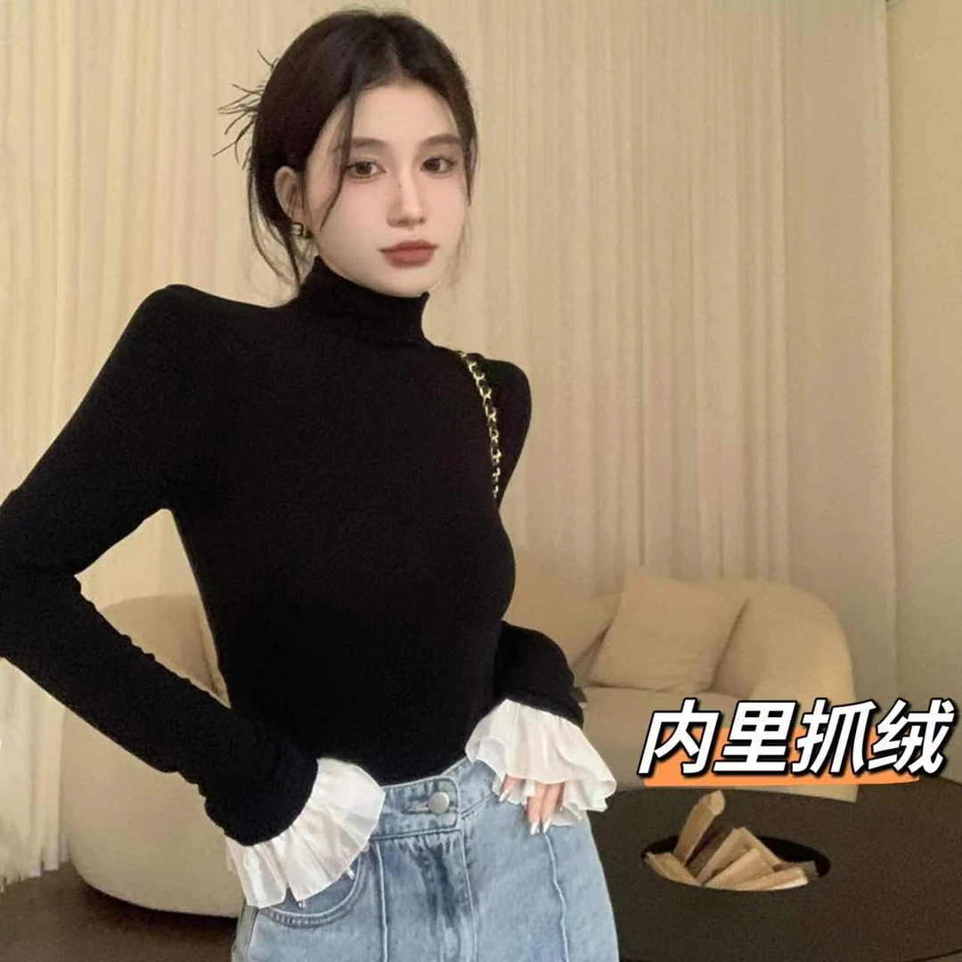 暖冬～#9381秋冬气质喇叭袖显瘦黑色半高领长袖加绒加厚打底衫T恤